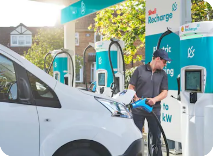 Shell Recharge EV charging station with CCS and CHAdeMO connector compatibility for charging a wide range of electric vehicles.