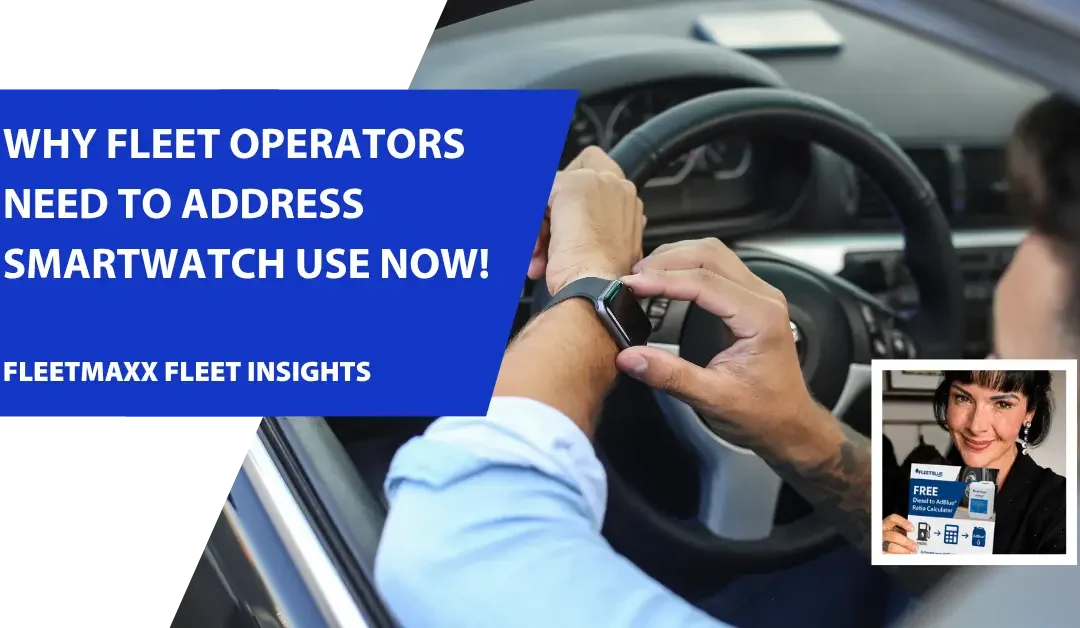 Driver interacting with a smartwatch while behind the wheel, highlighting the risks of smartwatch use, driver distraction and fleet compliance issues.