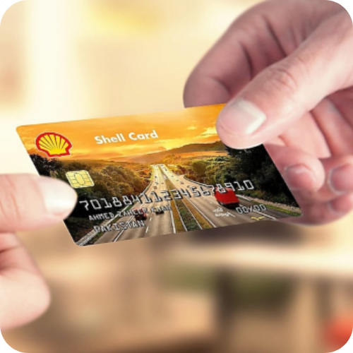 Shell fuel card held by a driver promoting FORS fuel cards, fuel savings, fleet fuel management and FORS compliance support.