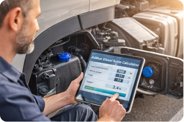 What is FORS - Transport manager using an AdBlue Diesel Ratio Calculator on a tablet to monitor fleet AdBlue consumption and support FORS compliance record keeping.