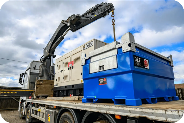 Western Global DEF Cube AdBlue storage tank being delivered by crane, providing secure and compliant bulk AdBlue storage for commercial fleets, generators, construction equipment and off-road machinery.