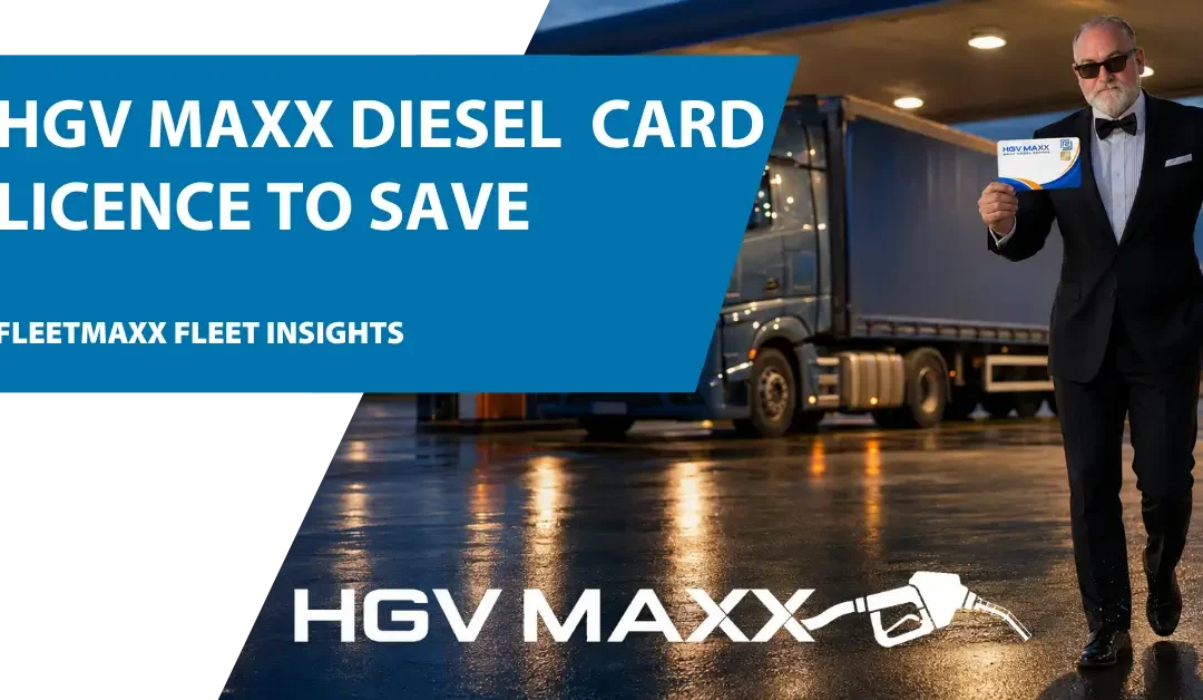 HGV Maxx Diesel Card held beside an HGV at a filling station, promoting fixed weekly diesel pricing and savings for UK fleets.