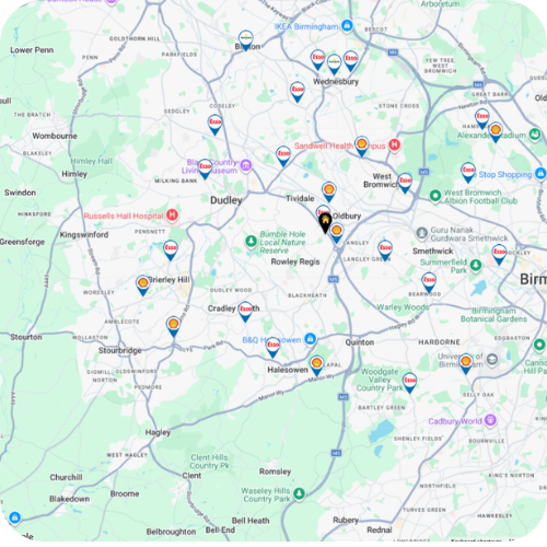 Shell CRT Fuel Card pump locator showing participating fuel stations across Birmingham and the West Midlands