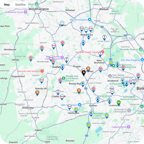 UK Fuels Fuel Card pump locator showing participating fuel stations across the West Midlands including Shell, Esso, Texaco, Gulf and HGV-friendly locations.