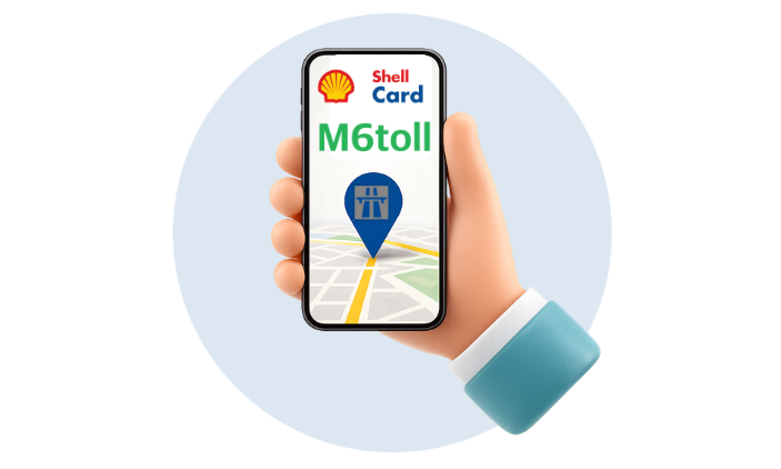 Hand holding a smartphone displaying the Shell Card M6 Toll payment solution for business fleet drivers.