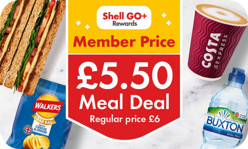 Alt text<br />
Shell Card network update July 2026 showing the Shell GO+ Rewards £5.50 meal deal offer with sandwich, Costa Express coffee, Walkers crisps and Buxton water.