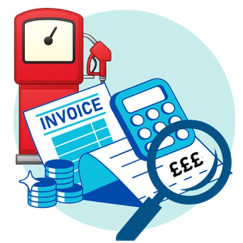 Fuel pump, invoice and calculator illustrating a fuel bill analysis before switching fuel card providers