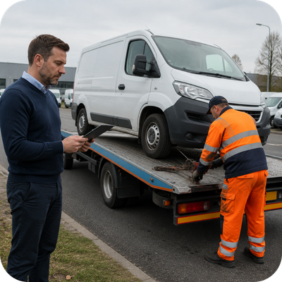 Commercial van being loaded onto a recovery truck while a fleet manager checks the breakdown details.