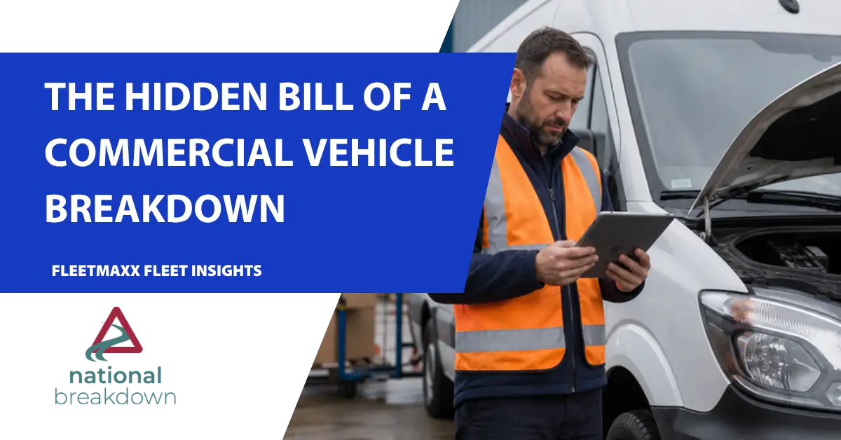 Fleet mechanic inspecting a broken-down commercial van, highlighting the hidden costs of commercial vehicle breakdowns.