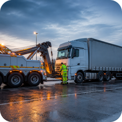 Specialist heavy recovery vehicle assisting a broken-down HGV at a UK truck stop
