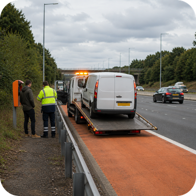Breakdown recovery vehicle collecting a van from the hard shoulder of a UK motorway