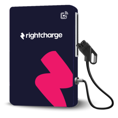 Illustration of a Rightcharge-branded public EV charging unit with a charging cable and connector.