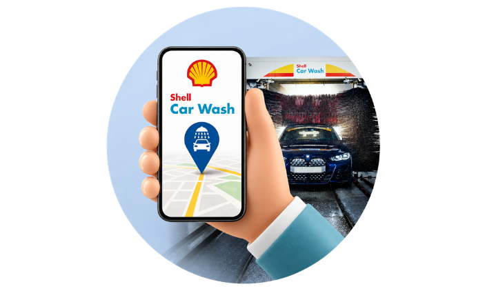 SHELL CARD WASH (1) Hand holding a smartphone displaying the Shell Car Wash locator beside a blue car being cleaned in an automatic car wash.