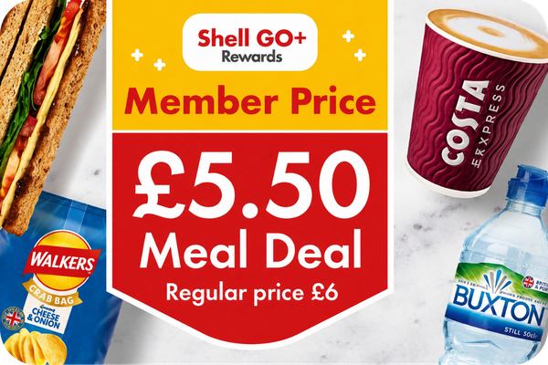 Shell GO+ Rewards £5.50 breakfast and lunch meal deal available at participating Shell service stations.