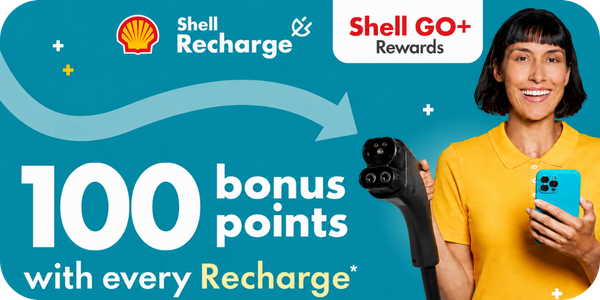 Shell GO+ Rewards promotion offering 100 bonus points with every eligible Shell Recharge session in September 2026.