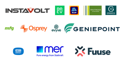 Shell Recharge roaming partners in the UK - Logos of InstaVolt, Be.EV, Aldi, Waitrose, GRIDSERVE, MFG, Osprey, evyve, GeniePoint, ESB Energy, Mer and Fuuse.