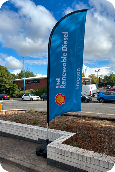 Shell Renewable Diesel HVO100 flag at Shell West Bromwich service station in the Midlands.