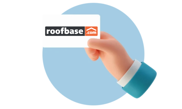 Illustrated hand holding a white card displaying the Roofbase logo against a blue circle.